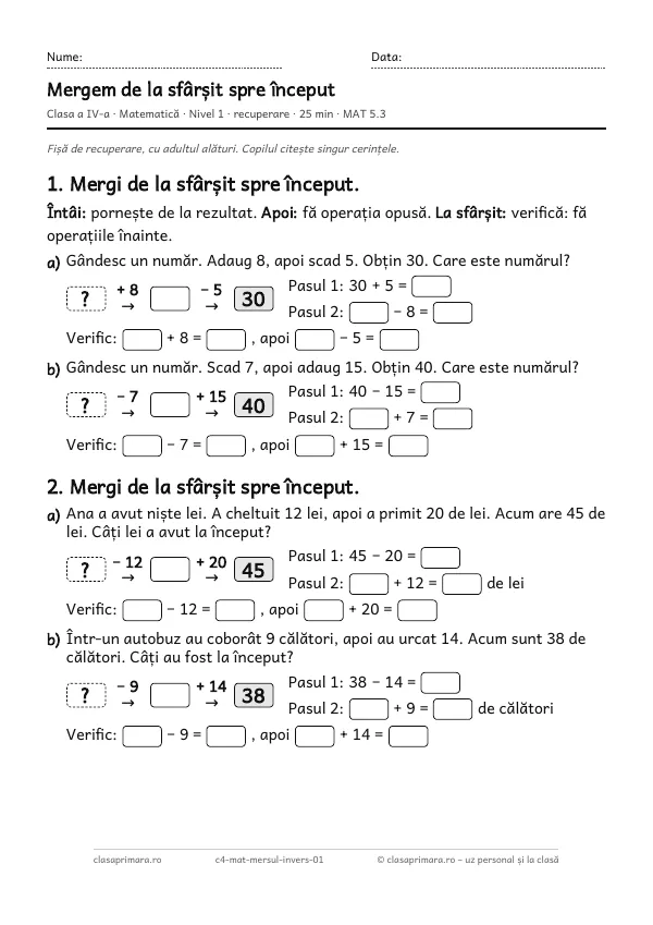 Prima pagină a fișei „Mergem de la sfârșit spre început”, clasa a IV-a, nivelul 1