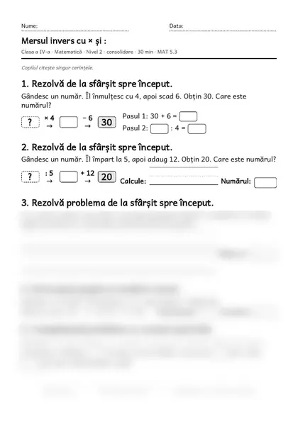 Prima pagină a fișei „Mersul invers cu × și :”, clasa a IV-a, nivelul 2