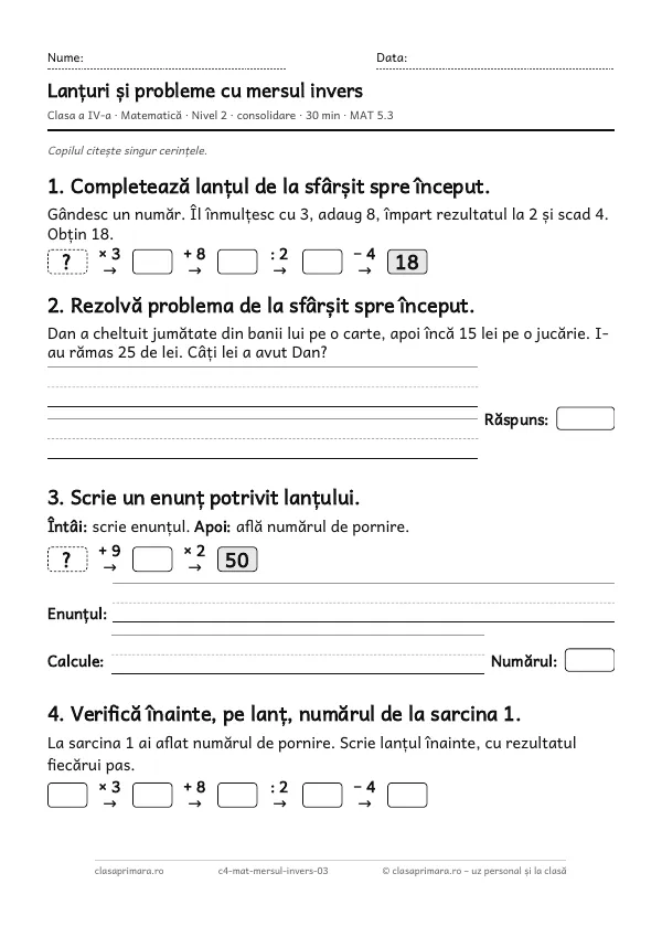 Prima pagină a fișei „Lanțuri și probleme cu mersul invers”, clasa a IV-a, nivelul 2