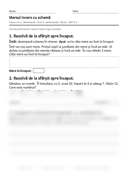 Prima pagină a fișei „Mersul invers cu schemă”, clasa a IV-a, nivelul 3