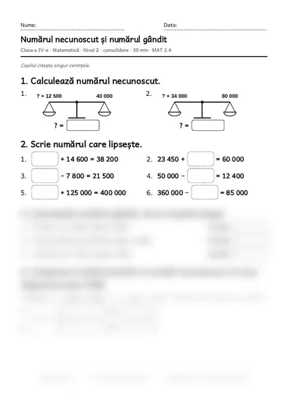Prima pagină a fișei „Numărul necunoscut și numărul gândit”, clasa a IV-a, nivelul 2