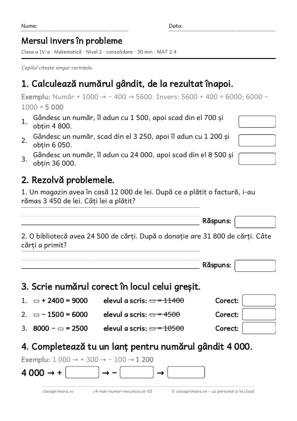 Prima pagină a fișei „Mersul invers în probleme”, clasa a IV-a, nivelul 2