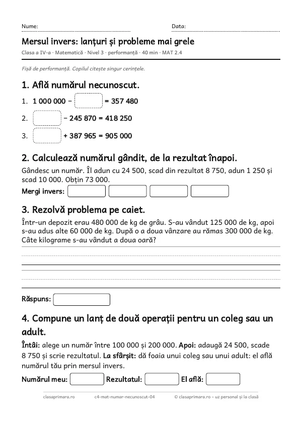 Prima pagină a fișei „Mersul invers: lanțuri și probleme mai grele”, clasa a IV-a, nivelul 3