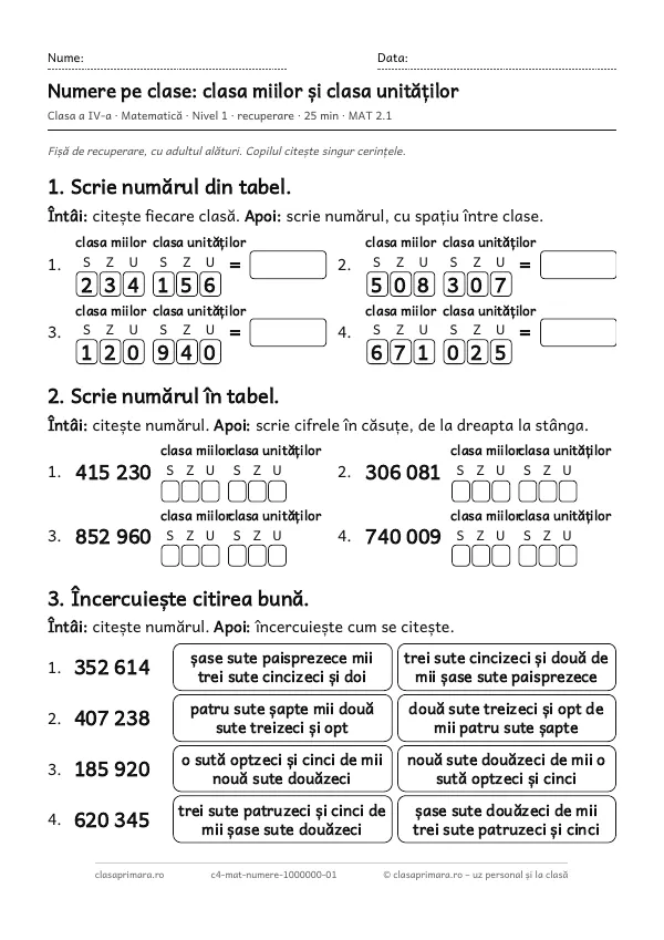 Prima pagină a fișei „Numere pe clase: clasa miilor și clasa unităților”, clasa a IV-a, nivelul 1