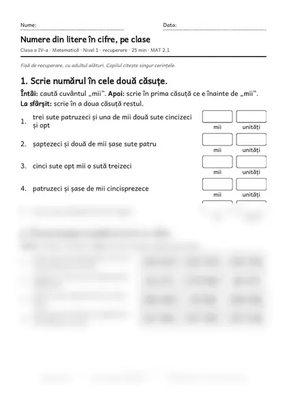 Prima pagină a fișei „Numere din litere în cifre, pe clase”, clasa a IV-a, nivelul 1