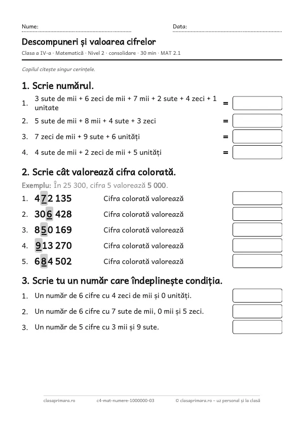 Prima pagină a fișei „Descompuneri și valoarea cifrelor”, clasa a IV-a, nivelul 2
