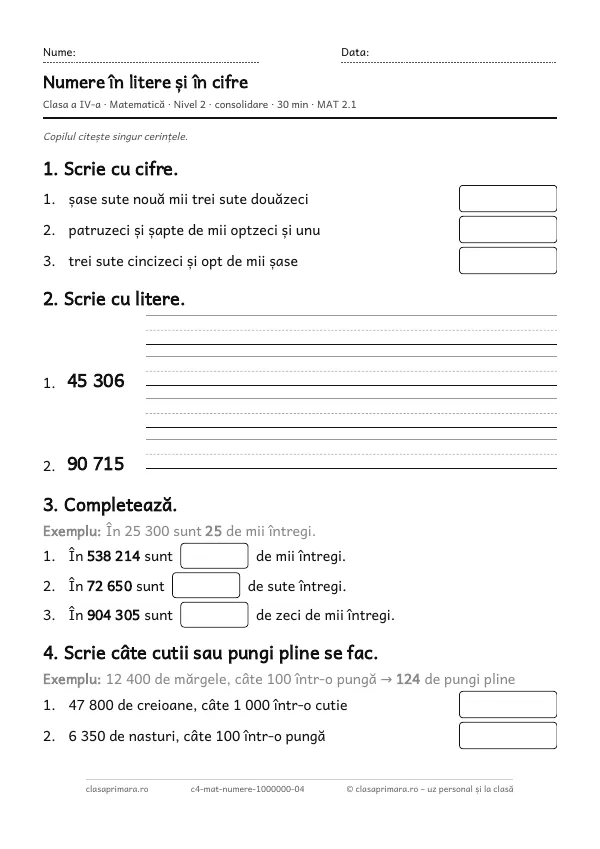 Prima pagină a fișei „Numere în litere și în cifre”, clasa a IV-a, nivelul 2