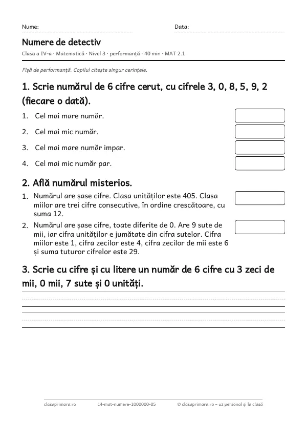 Prima pagină a fișei „Numere de detectiv”, clasa a IV-a, nivelul 3