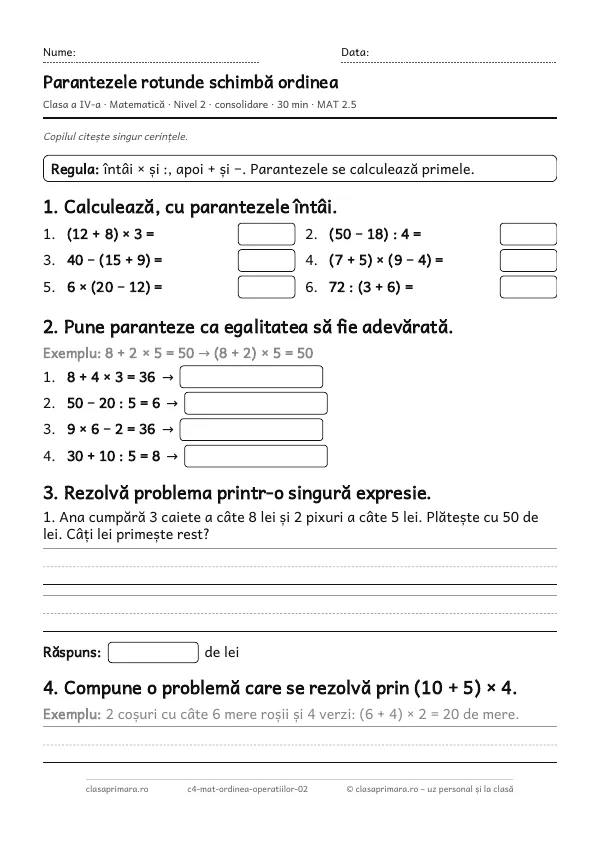 Prima pagină a fișei „Parantezele rotunde schimbă ordinea”, clasa a IV-a, nivelul 2