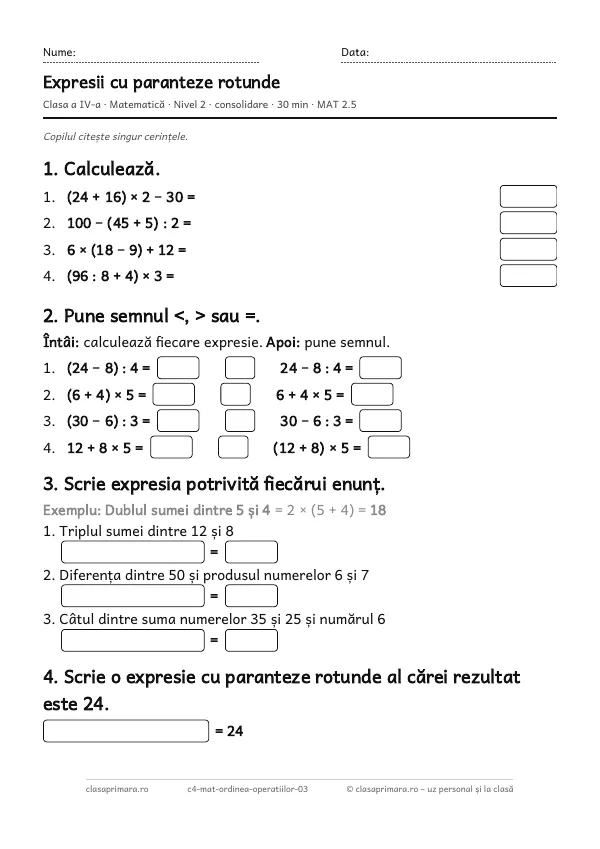 Prima pagină a fișei „Expresii cu paranteze rotunde”, clasa a IV-a, nivelul 2