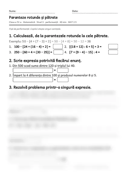 Prima pagină a fișei „Paranteze rotunde și pătrate”, clasa a IV-a, nivelul 3