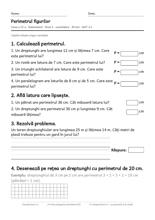Prima pagină a fișei „Perimetrul figurilor”, clasa a IV-a, nivelul 2
