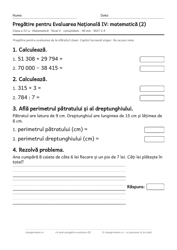Prima pagină a fișei „Pregătire pentru Evaluarea Națională IV: matematică (2)”, clasa a IV-a, nivelul 2