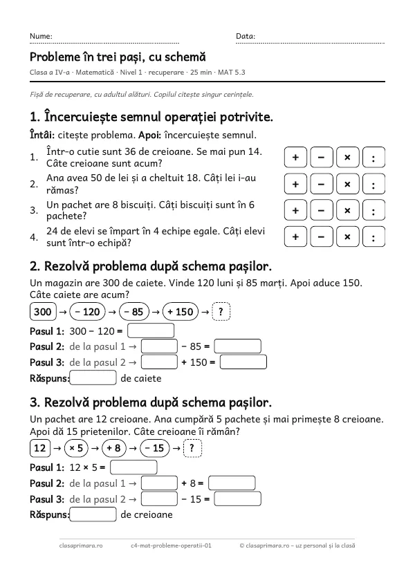 Prima pagină a fișei „Probleme în trei pași, cu schemă”, clasa a IV-a, nivelul 1