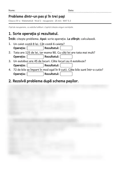Prima pagină a fișei „Probleme dintr-un pas și în trei pași”, clasa a IV-a, nivelul 1