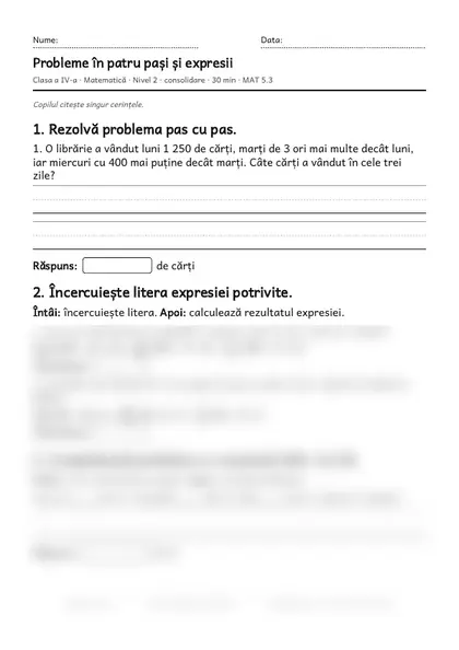 Prima pagină a fișei „Probleme în patru pași și expresii”, clasa a IV-a, nivelul 2