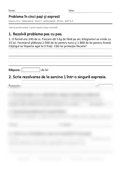 Prima pagină a fișei „Probleme în cinci pași și expresii”, clasa a IV-a, nivelul 3