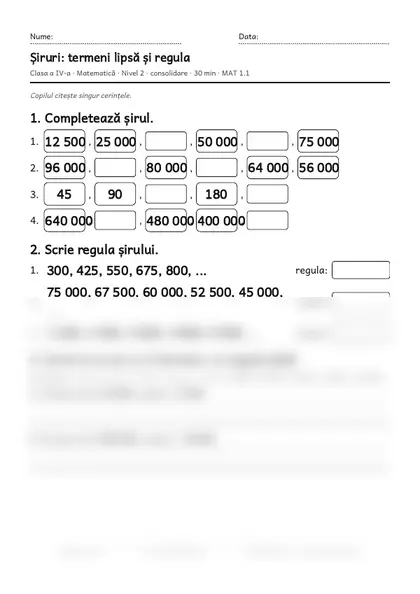 Prima pagină a fișei „Șiruri: termeni lipsă și regula”, clasa a IV-a, nivelul 2