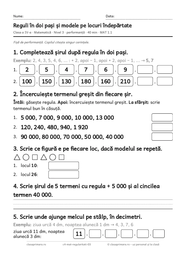 Prima pagină a fișei „Reguli în doi pași și modele pe locuri îndepărtate”, clasa a IV-a, nivelul 3