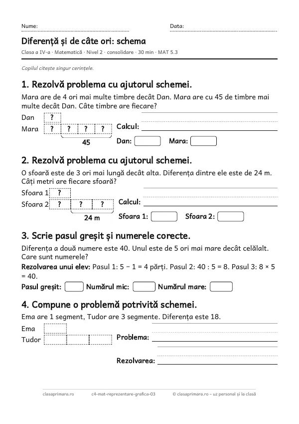 Prima pagină a fișei „Diferență și de câte ori: schema”, clasa a IV-a, nivelul 2