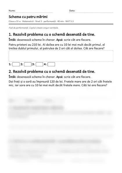 Prima pagină a fișei „Schema cu patru mărimi”, clasa a IV-a, nivelul 3