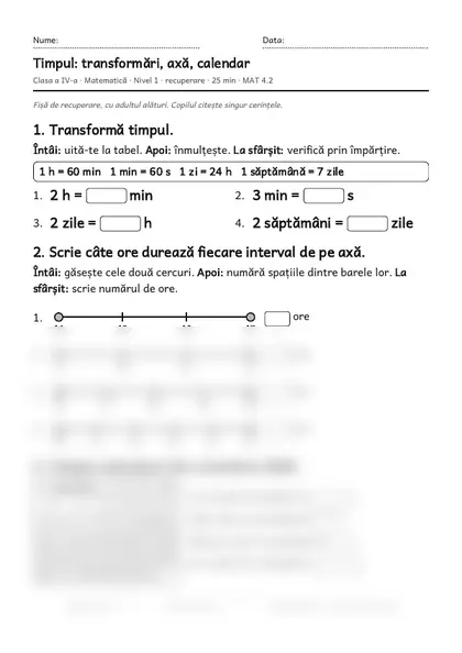 Prima pagină a fișei „Timpul: transformări, axă, calendar”, clasa a IV-a, nivelul 1