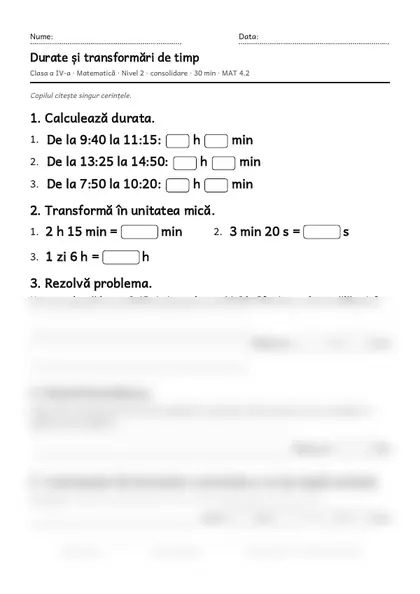 Prima pagină a fișei „Durate și transformări de timp”, clasa a IV-a, nivelul 2