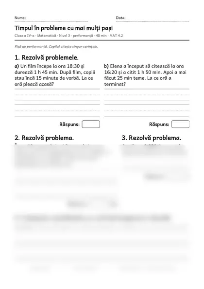 Prima pagină a fișei „Timpul în probleme cu mai mulți pași”, clasa a IV-a, nivelul 3