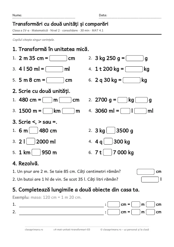 Prima pagină a fișei „Transformări cu două unități și comparări”, clasa a IV-a, nivelul 2