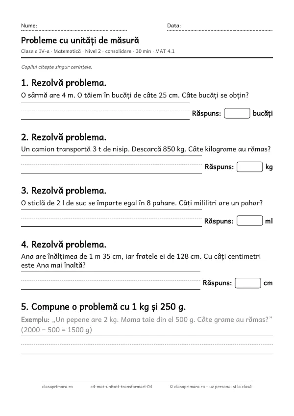 Prima pagină a fișei „Probleme cu unități de măsură”, clasa a IV-a, nivelul 2